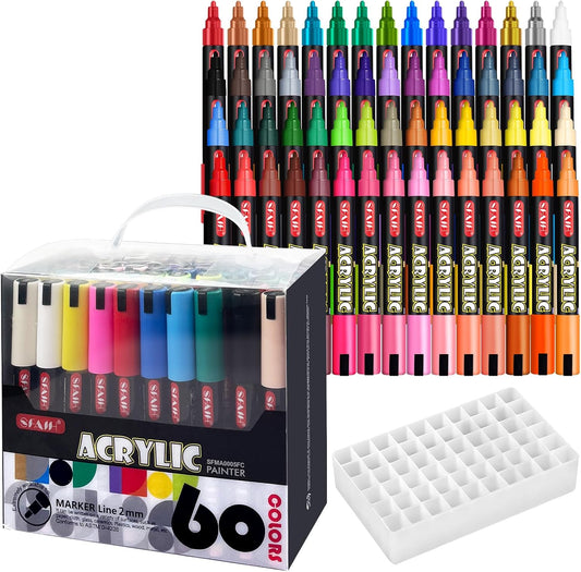 SFAIH Halloween Gifts Acrylic Creative Markers Set of 60 With 14 Metallics, Organizer, 3mm Medium Tips - Holiday Paint Markers, Gift for Kids and Adults - Art Supplies