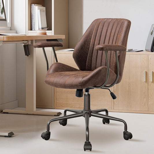 Mid Century Modren Office Chair - Mid Back Swivel Executive Chair with Lumbar Support,Ergonomic Computer Desk Chair with Wheels,Faux Lether Suede Task Chair,350lbs (Dark Brown, Mid Back)