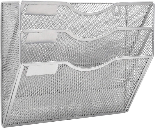 EASEPRES 3 Pocket Mesh Hanging Wall File Organizer, Wall Mounted Mail Paper Document Folder Holder, Clipboard Storage Organization Magazine Rack with Nametag Label for Office Home School, Silver