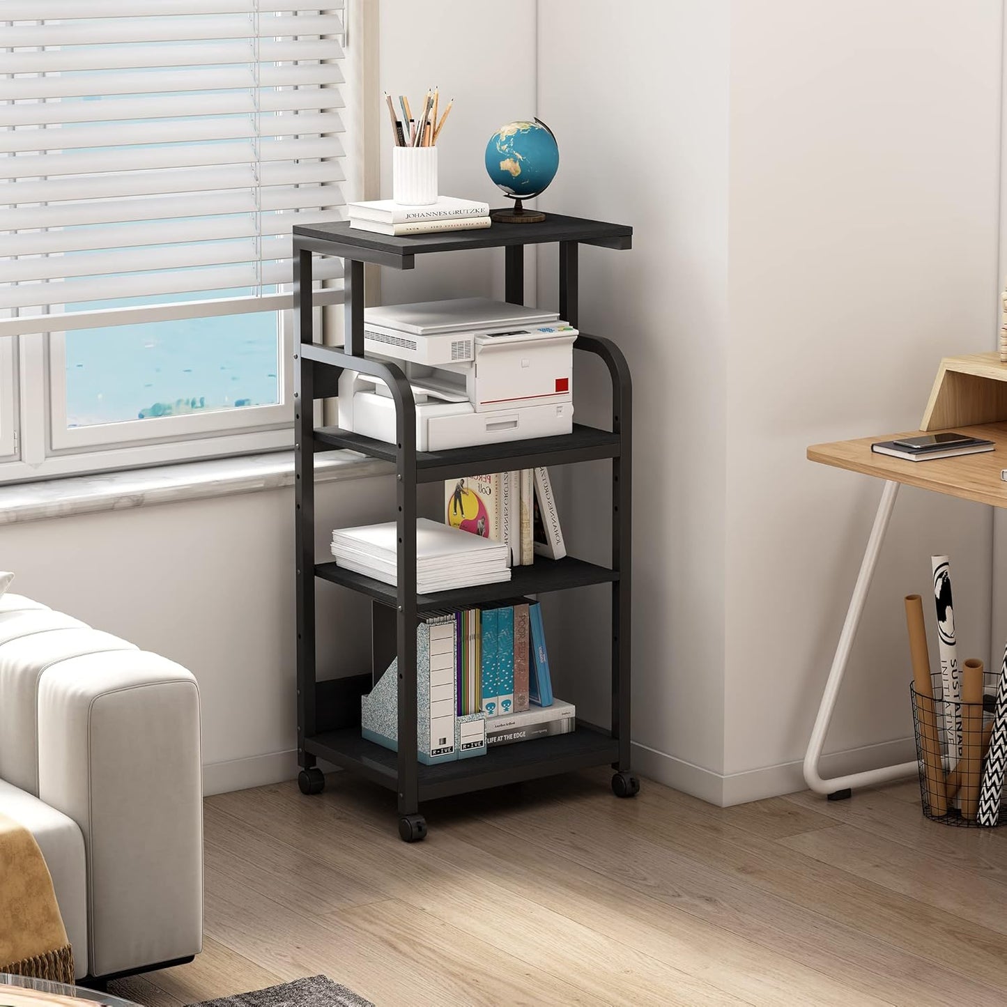 Printer Stand with Adjustable Shelf, 4 Tier Large Tall Printer Table with Wheels for Home Office Storage and Organization, Rolling Stand Cart for Computer Tower CPU Shredder, Black