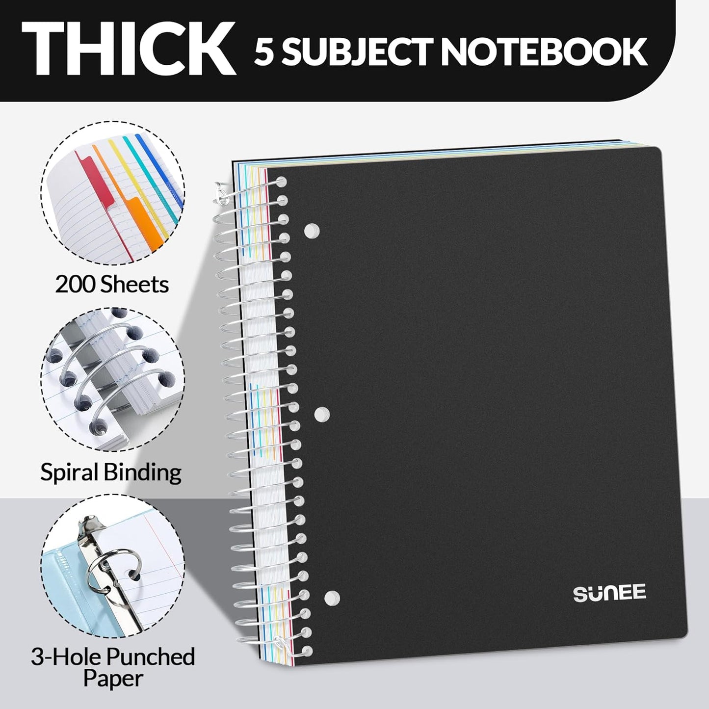 SUNEE 5 Subject Notebook College Ruled - 400 Pages, 9"x11", 5 Pocket Colored Dividers, 3-Hole Punched Paper, Black