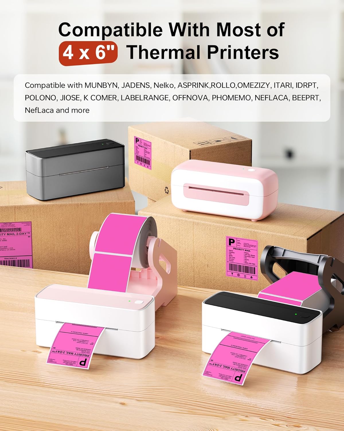 Phomemo 4x6 Thermal Label Printer Paper - 500 PCS Rose 4"x6" Fan-Fold Shipping Supplies Labels - Water/Oilproof Label Stickers - Permanent Adhesive Mailing Labels Paper for Thermal Printer