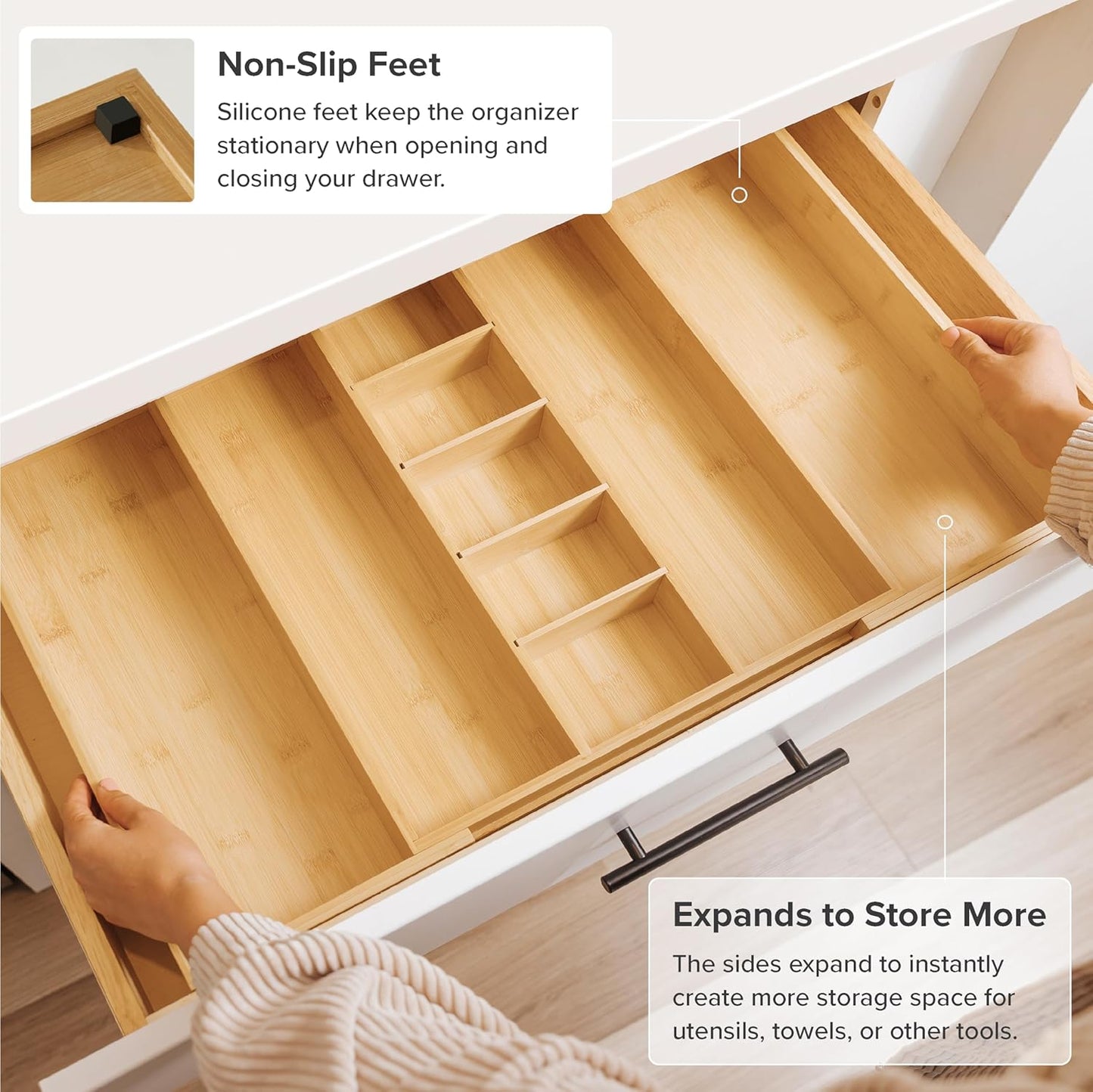 Adjustable Kitchen Drawer Organizer for Utensils and Junk, Food-Safe Contract Grade with 100% Sustainable Wood, Expandable from 16 to 28 Inches Wide - Natural Bamboo