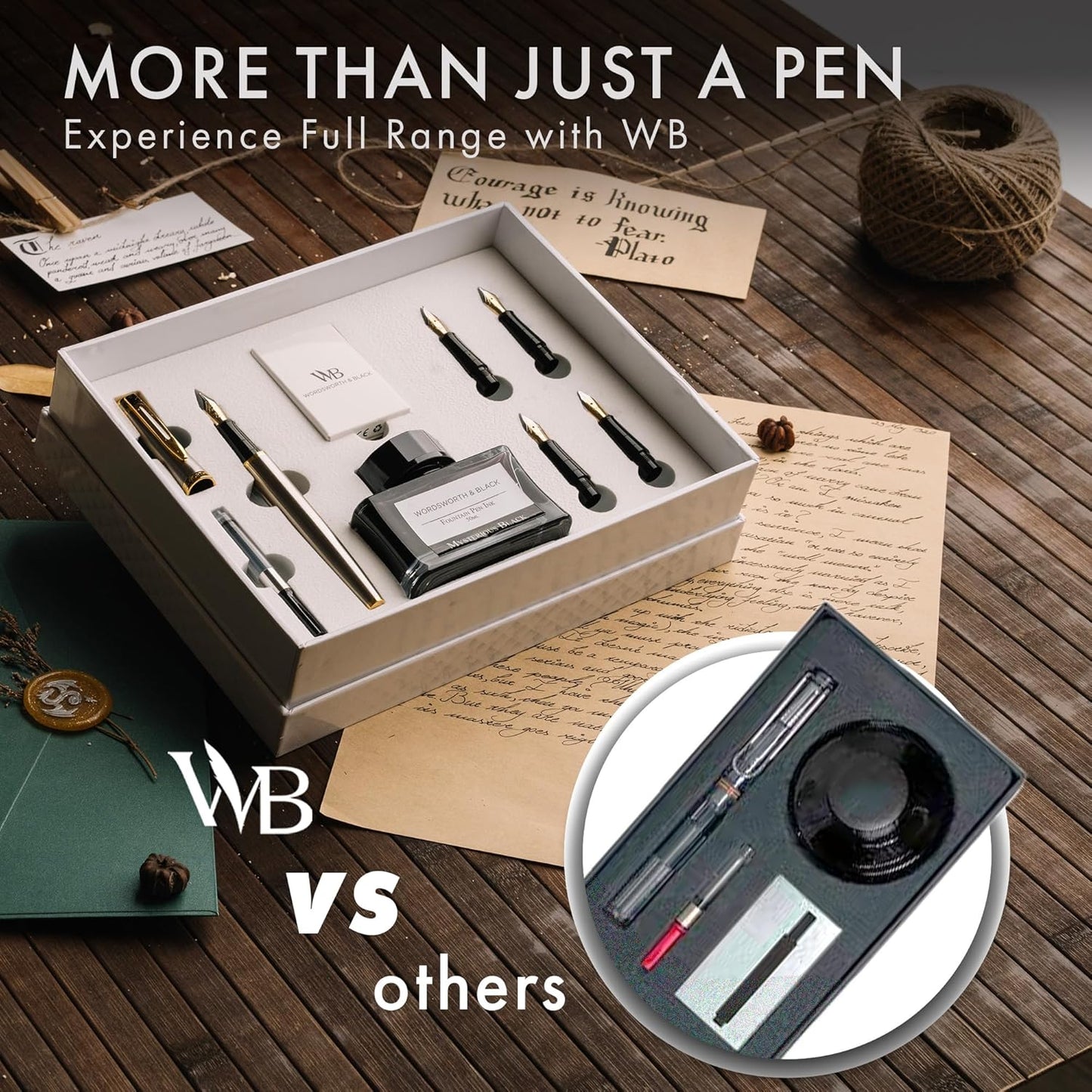 Wordsworth & Black Fountain Pen Gift Set, Includes Ink Bottle, 6 Ink Cartridges, Refill Converter, 4 Replacement Nibs, Premium Package, Journaling, Calligraphy, Smooth Writing Pens [Silver Gold]