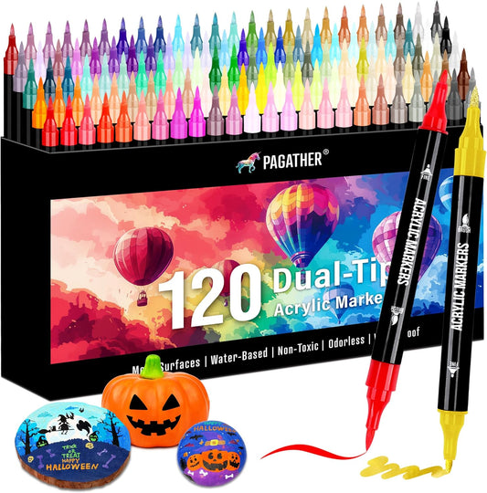 120 Colors Acrylic Paint Markers, Dual Tip Fine Tip and Brush Tip Pens Contain 24 Metallic Color for Stone, Wood, Calligraphy, Canvas, Ceramic, Metal, Glass, Rock Painting, DIY Crafts
