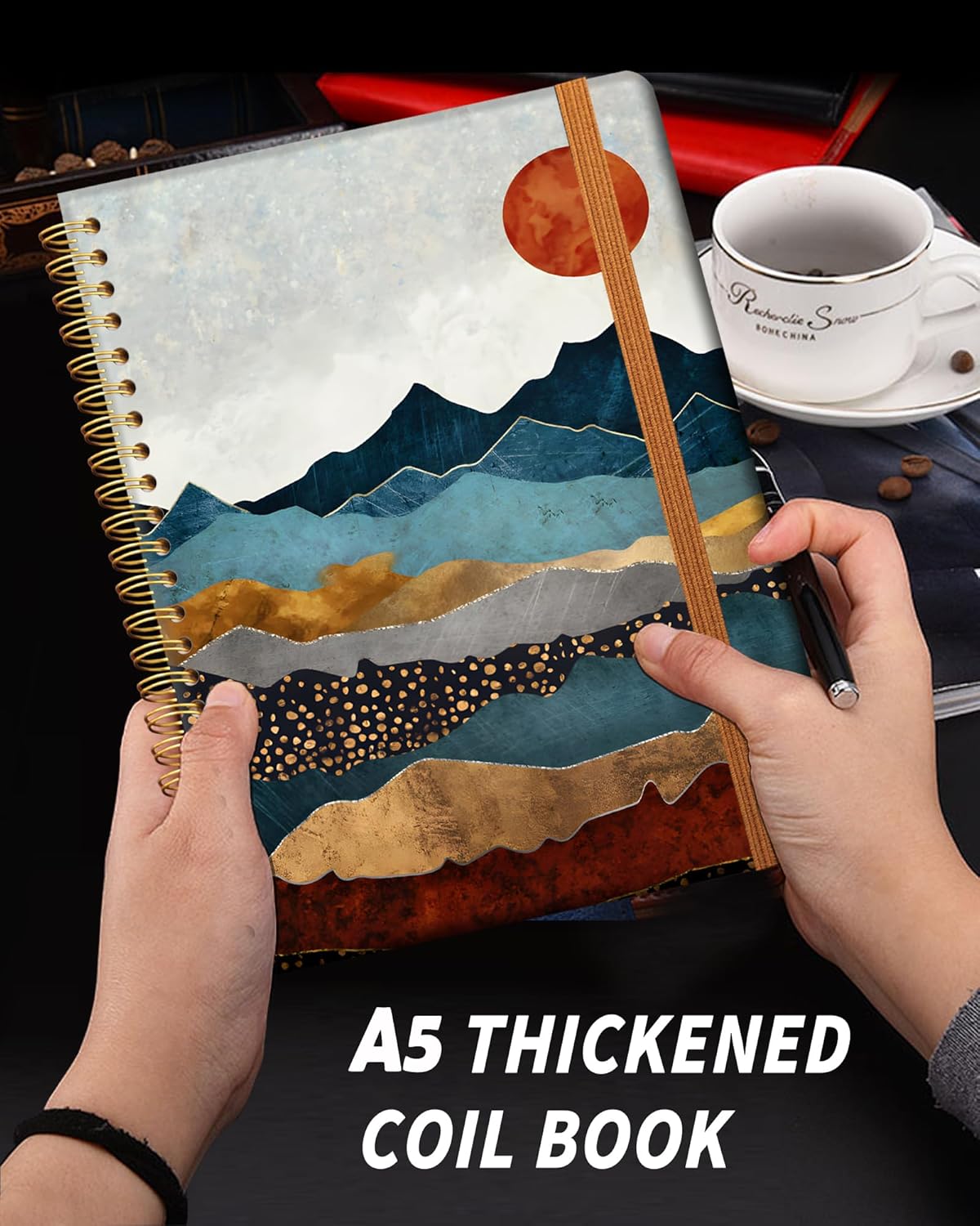 Ruled Spiral Writing Notebook,A5 Hardcover Lined College Journal for Women Lady,Fashion Puppy Watercolor Strong Twin-Wire Binding with Premium Paper,8.4" X 6",Perfect for School,Office,Home Gifts(Abstract Mountain Sun)