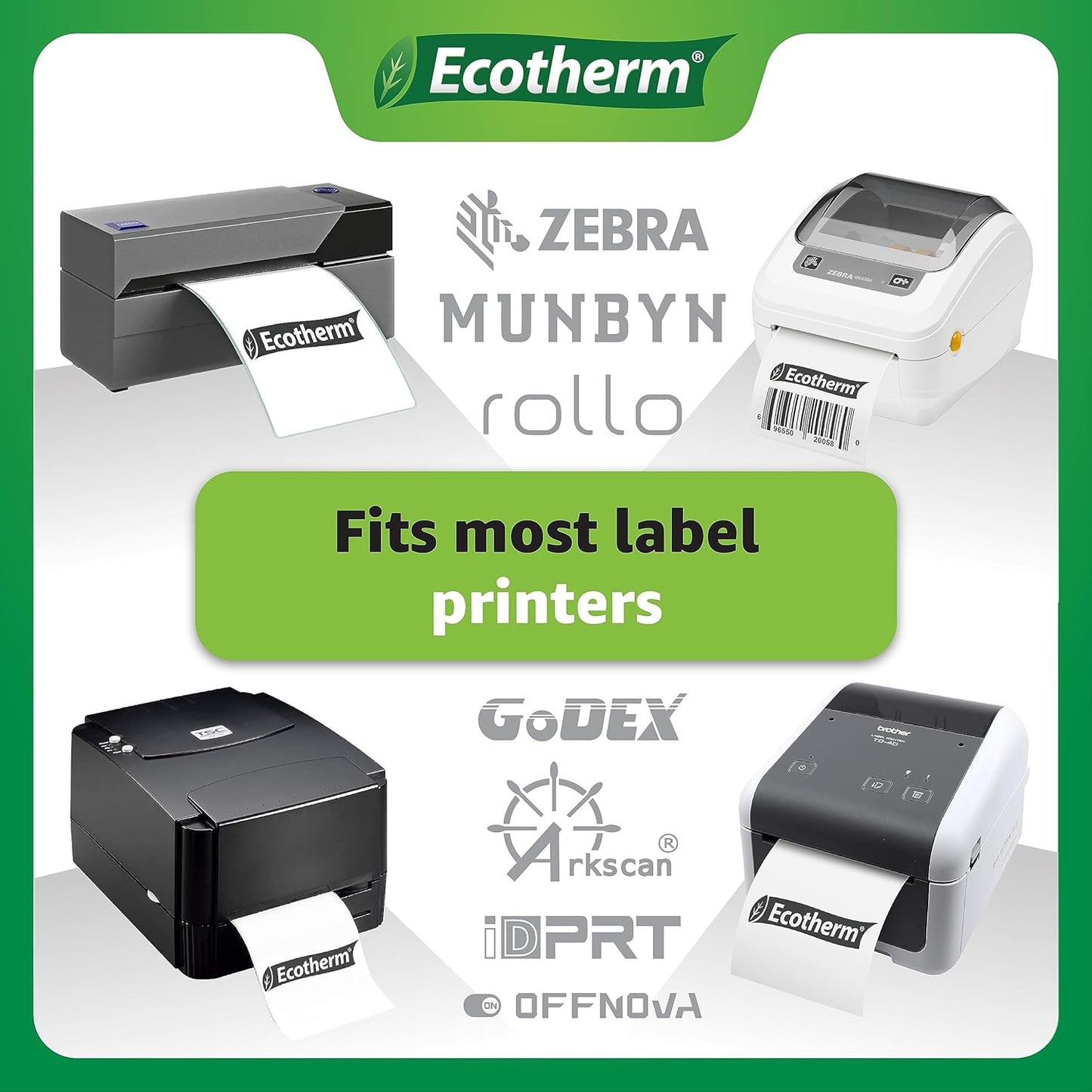 4" x 6" Thermal Labels | 4 Rolls | 1100 Labels | fits Zebra, Munbyn, Rollo, Godex, Arkscan, iDPRT, Offnova Thermal Label Printers and More | Blank White Adhesive Stickers by Ecotherm