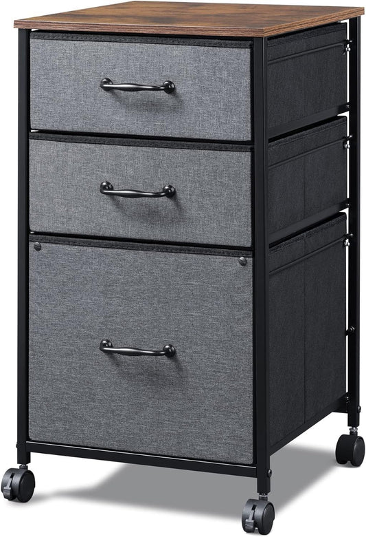DEVAISE Mobile File Cabinet, Rolling Printer Stand with 3 Drawers, Fabric Vertical Filing Cabinet fits A4 or Letter Size for Home Office, Rustic Brown