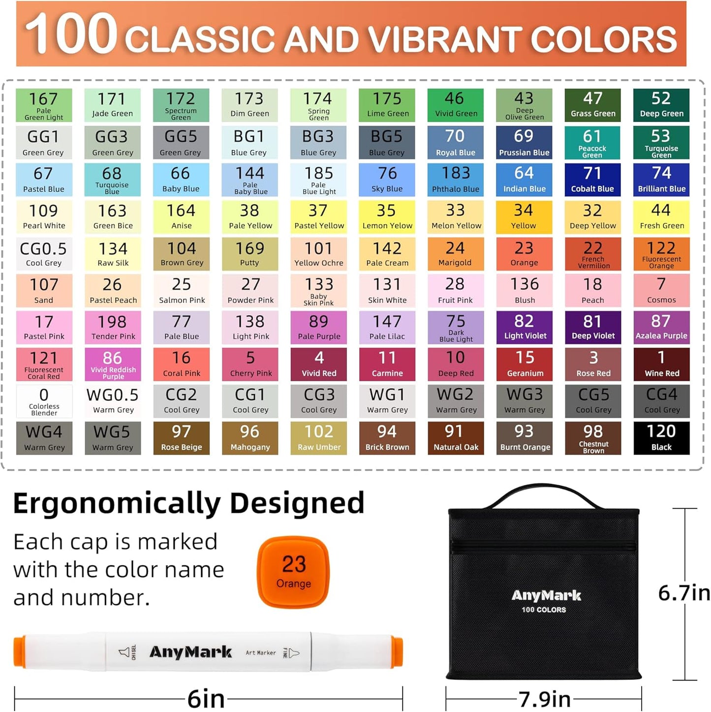 AnyMark Alcohol Markers, 100 Colors Dual Tip Art Coloring Markers Set for Kids Adult Book Drawing Sketching Painting, Chisel & Fine, White Penholder