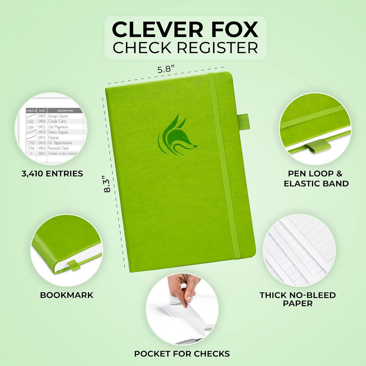 Clever Fox Check Register Book - Deluxe Transaction Register, Accounting Ledger Book, Checkbook Register & Checking Account Register Book for Personal and Work Use, A5 Hardcover - Green