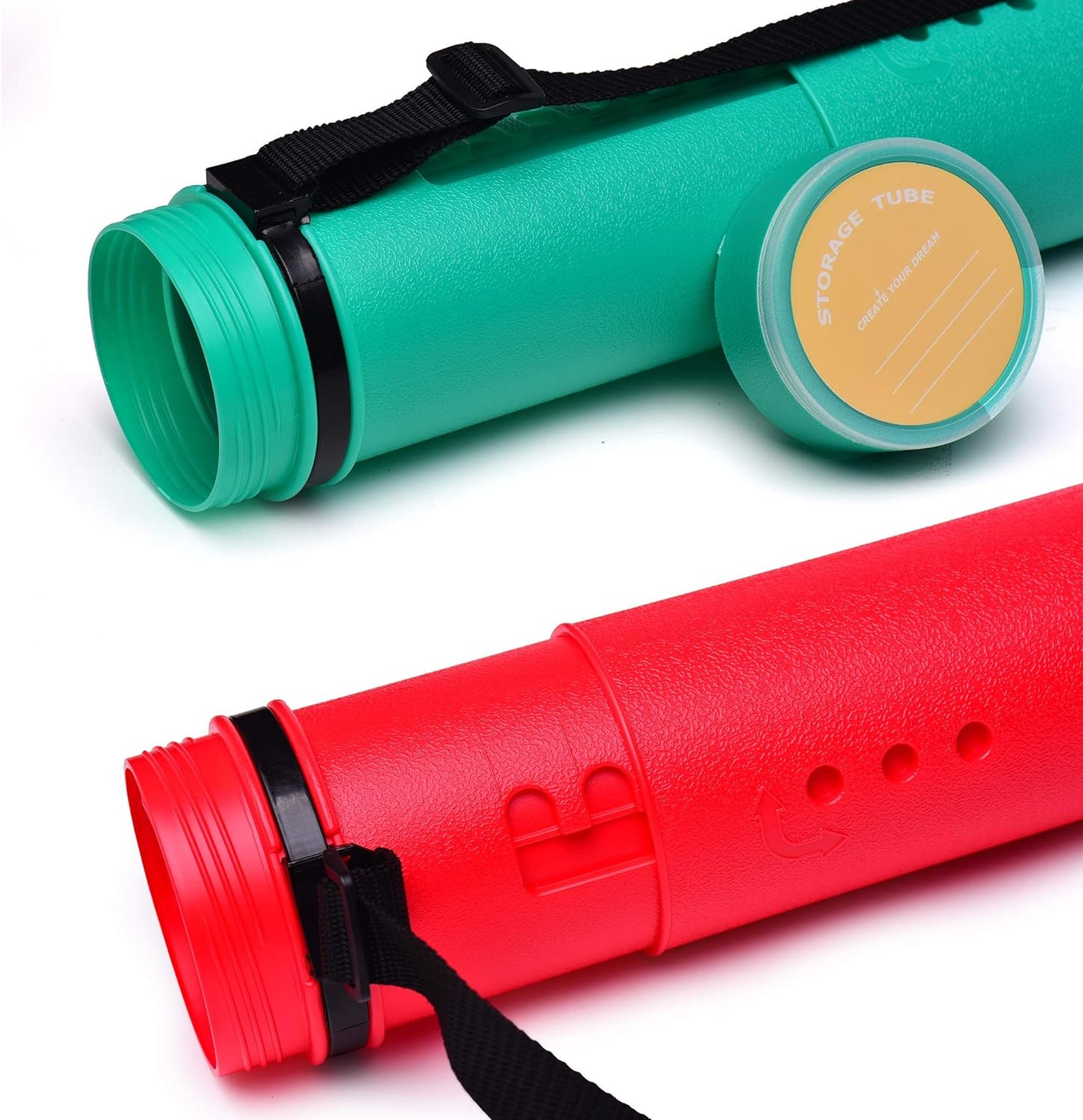 2-Pack Extendable Poster Tubes Expand from 24.5” to 40” with Shoulder Strap | Carry Documents, Blueprints, Drawings and Art | Red and Green Portable Durable Round Storage Cases with Lids and Labels
