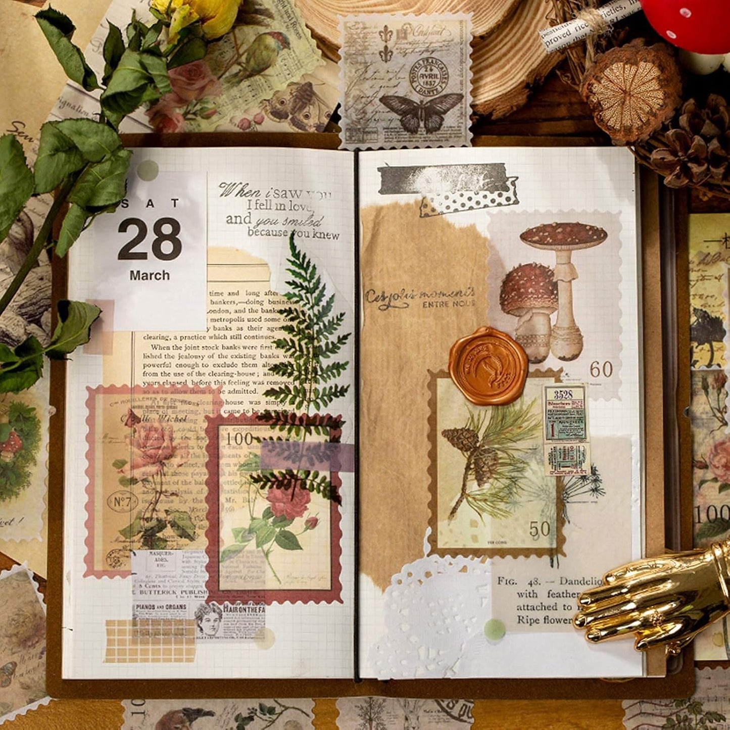 60pcs Vintage Postage Stamp Stickers, Aesthetic Botanical Deco Paper Sticker for Scrapbooking, Journaling Supplies, Planners, Kid DIY Art Crafts, Bullet Journal Ephemera