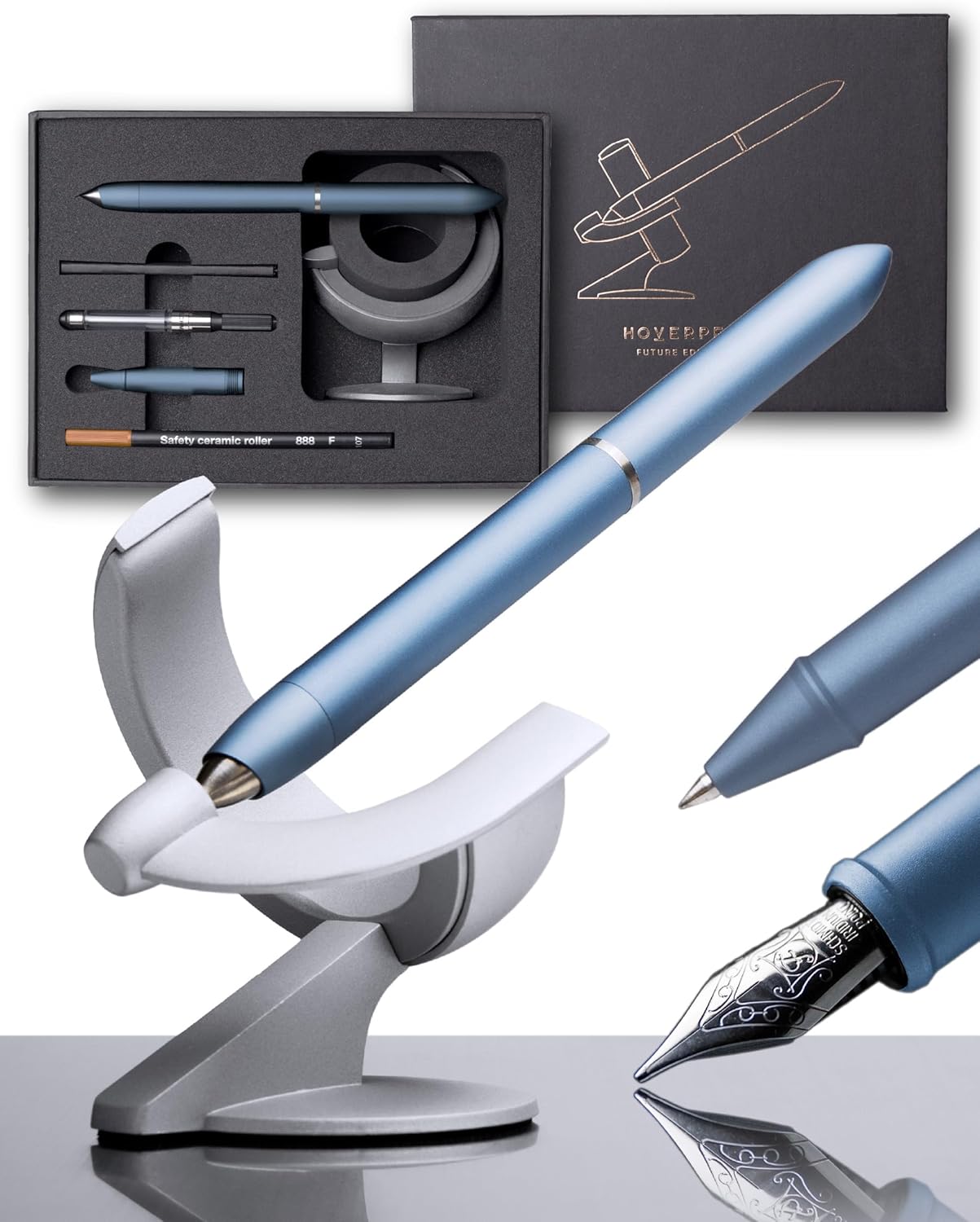 novium Hoverpen Future Edition - Luxury Fountain Pen & Rollerball Pen All-In Gift Box, Fine Nib, Futuristic Aesthetic, Aerospace Metal Made, Free Spinning Executive Pen, Mens Gifts Ideas (Mist Blue)