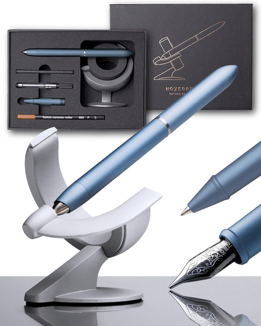 novium Hoverpen Future Edition - Luxury Fountain Pen & Rollerball Pen All-In Gift Box, Fine Nib, Futuristic Aesthetic, Aerospace Metal Made, Free Spinning Executive Pen, Mens Gifts Ideas (Mist Blue)