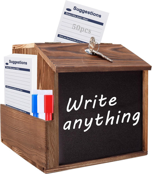 Wood Suggestion Box with Slot and Lock,Wooden Tip Money Drop Donation Boxes For Saving Fundraising,Prayer Ballot Comment Box Countertop Wall Mounted with Chalkboard and Keys for Church,Wedding