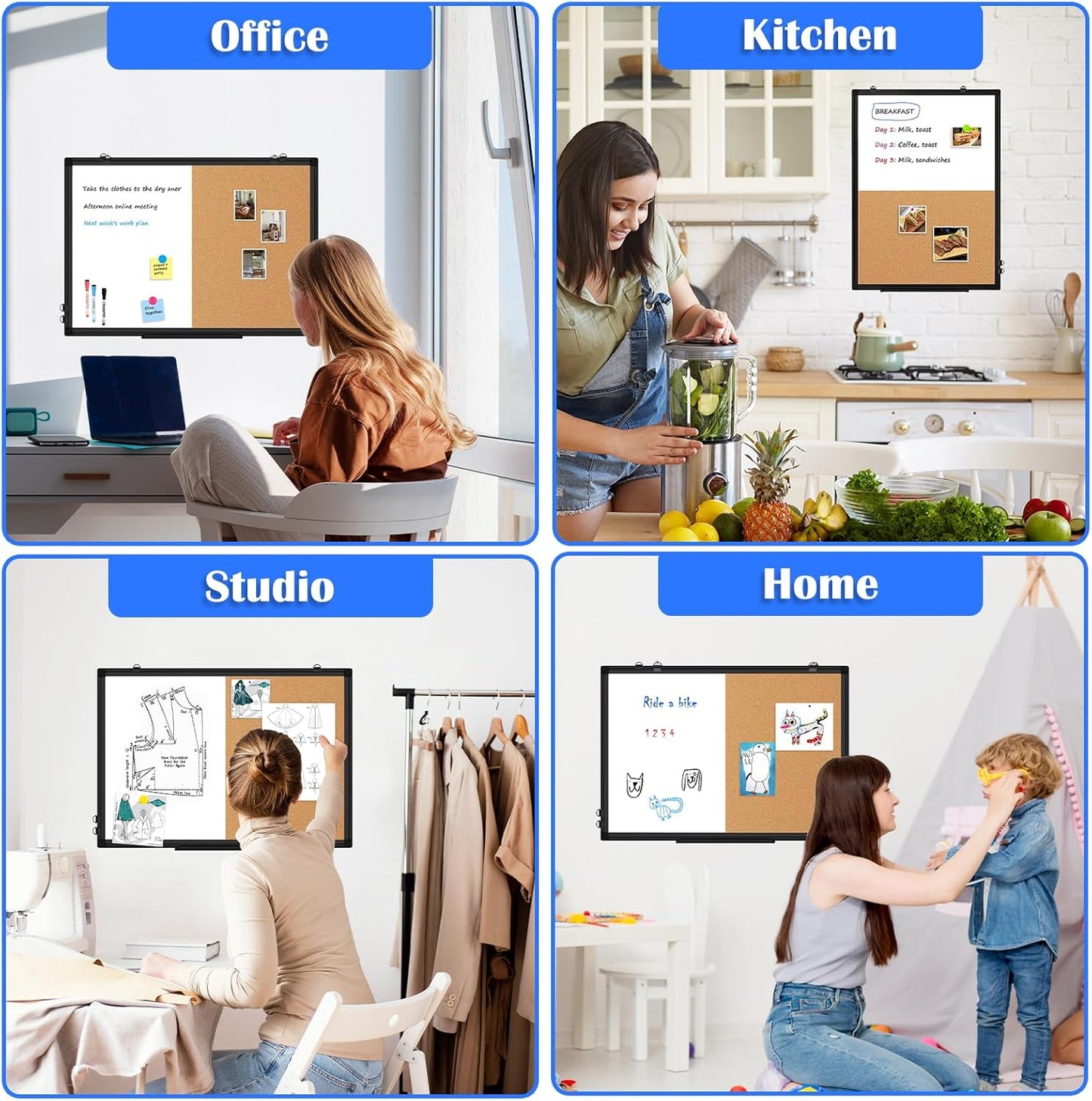[24" x 36"] WALGLASS Dry Erase and Bulletin Boards Combo, Magnetic White Board Cork Board for Wall, Whiteboard & Corkboard Combination with Aluminum Frame, for Home, Classroom, Office