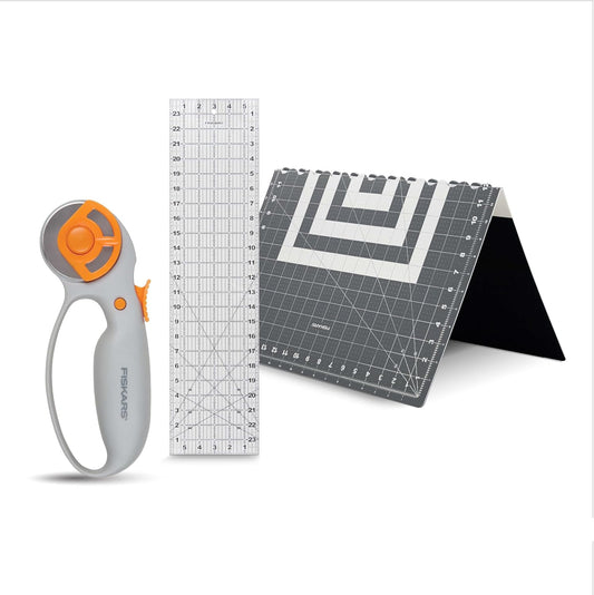 Fiskars 3-Piece Rotary Cutter Set with 45mm Fabric Rotary Cutter, Folding & Self-Healing Cutting Mat for Space Saving Storage, and Sewing Ruler, Perfect Tool Kit to Gift for Crafting, Quilting, Sewing