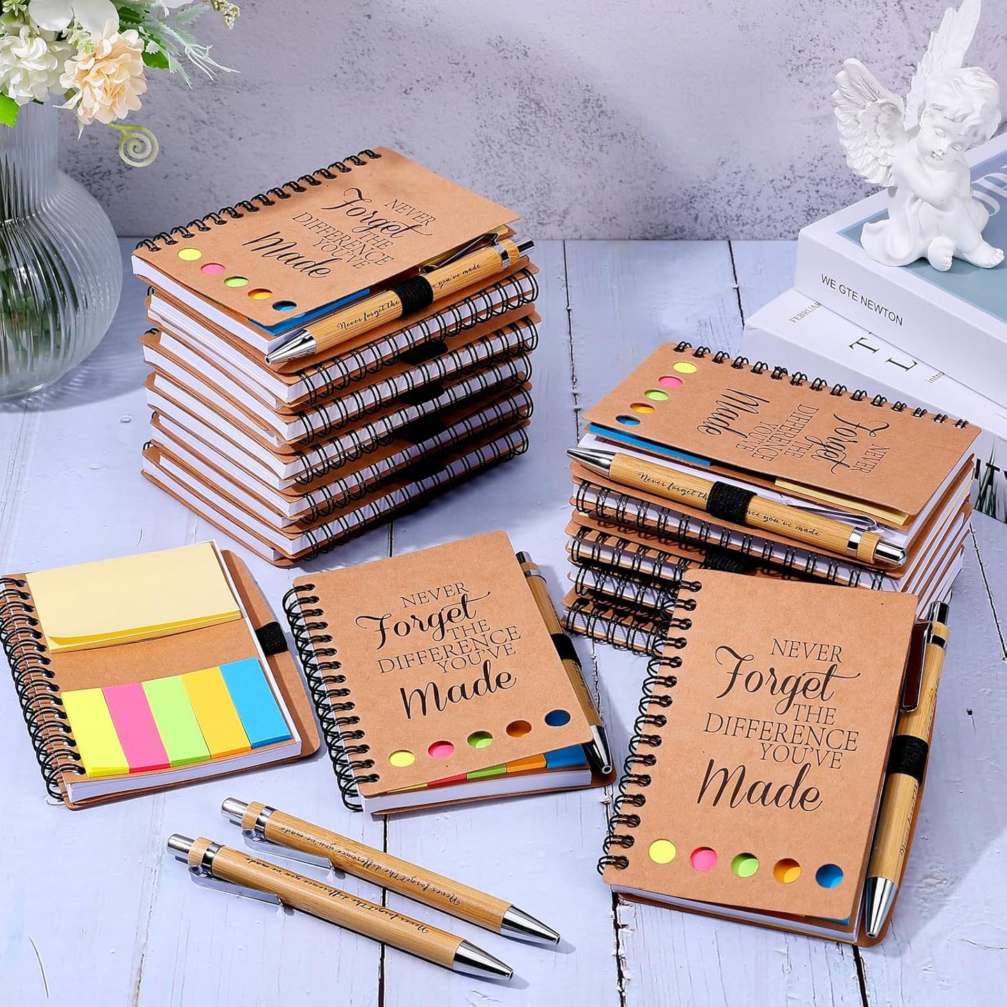40 Sets Employee Appreciation Gifts Encouragement Inspirational Spiral Notebooks with Sticky Notes Notepads Thank You Bamboo Ballpoint Pens for Nurse Coworker Teacher (NEVER FORGET)