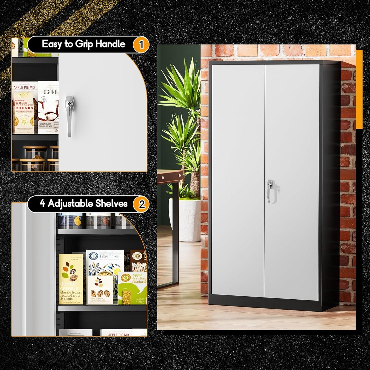 Greenvelly Metal Garage Storage Cabinet with Lock, 72”Metal Storage Cabinet with 2 Doors and 4 Adjustable Shelves, Steel Tool Cabinet for Garage,Home Office, School,Gym (Black Grey)