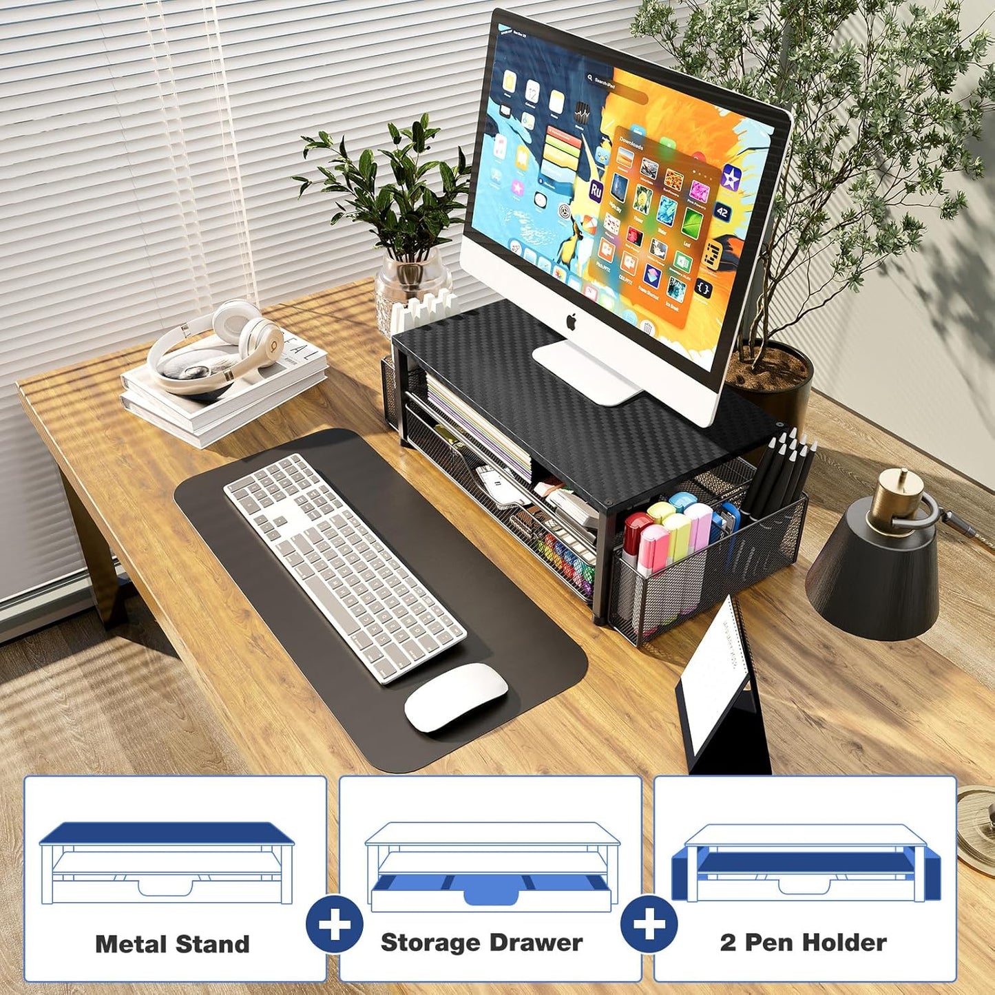 Desk Organizer and Accessories, 2-Tier Computer Monitor Stand with Drawer and 2 Pen Holders, Laptop Stand, Office Desk Accessories for Office Supplies, Carbon Fiber