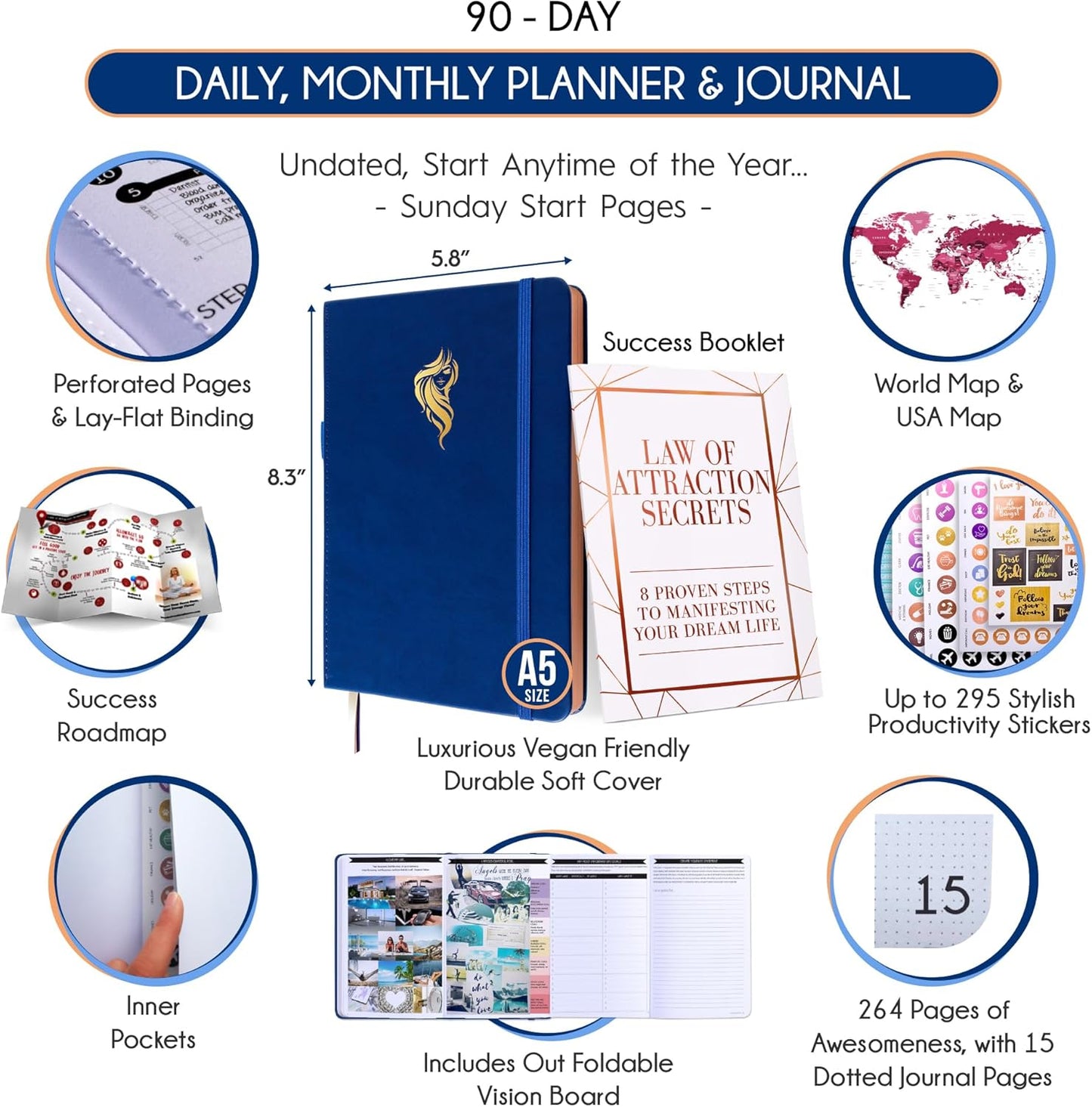 Manifestation Journal - 5 Minute Manifesting & Self Care Journal | 90-Day Undated Daily Planner for Positivity, Affirmations & Gratitude | Guided Mindfulness, Reflection | Vision Board + Stickers