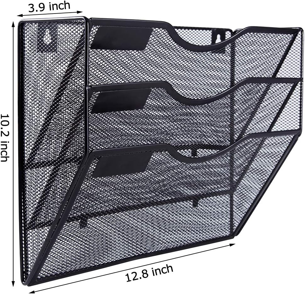 EASEPRES 3 Pocket Mesh Hanging Wall File Organizer, Wall Mounted Mail Paper Document Folder Holder, Clipboard Storage Organization Magazine Rack with Nametag Label for Office Home School, Black