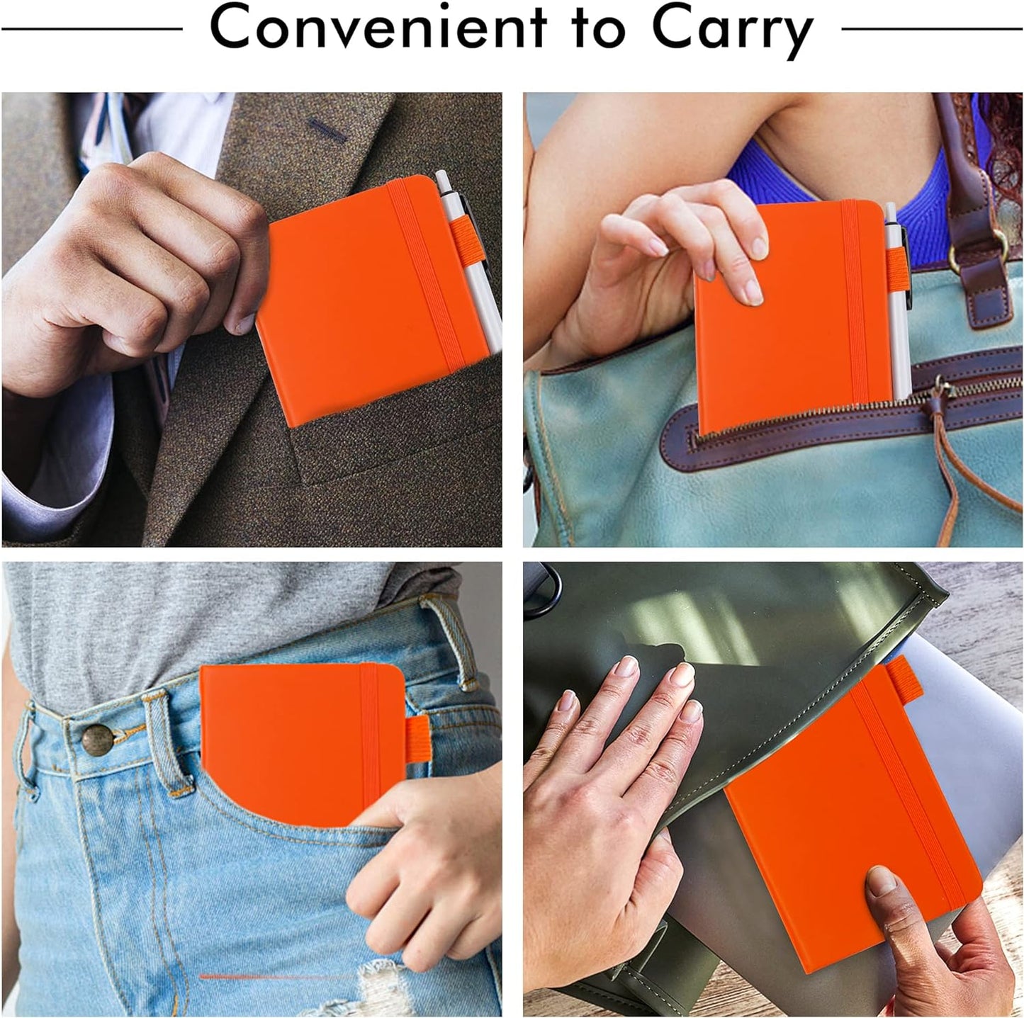 feela 6 Pack Pocket Mini Notebooks Bulk, Small Cute Memo Notepads Hardcover College Ruled Lined Journals with Pen Holder for School Business Work, with 6 Black Pens, 3.5”x 5.5”, A6, Orange