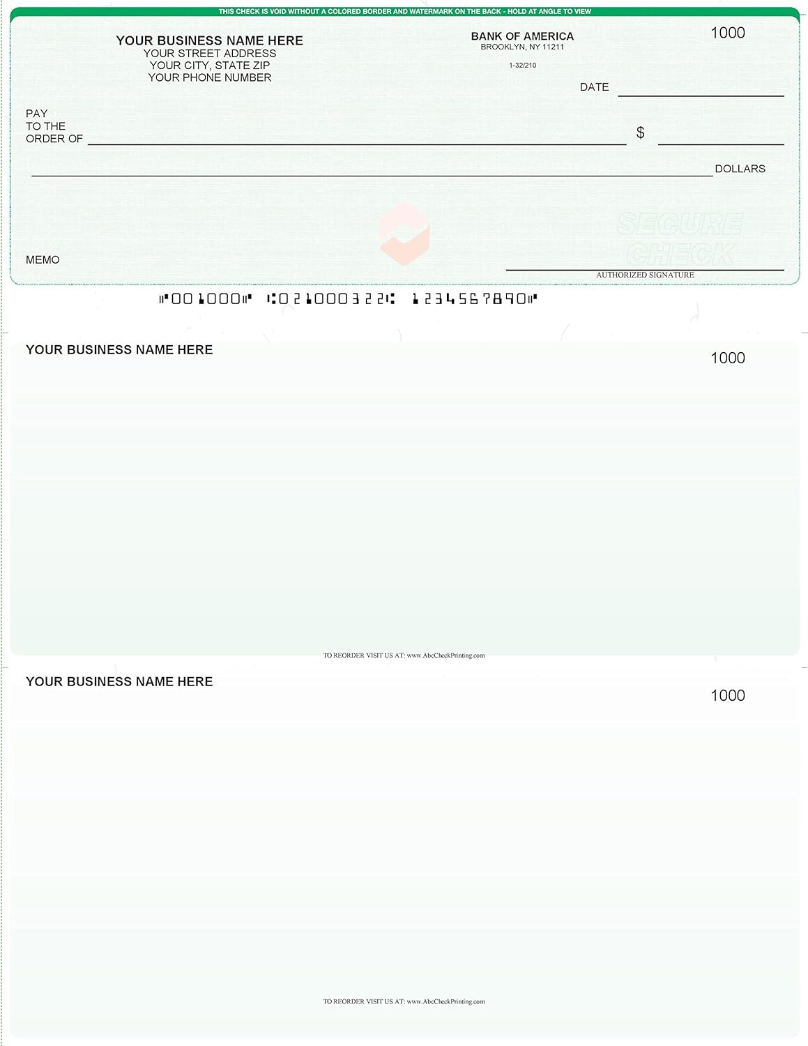 ABC Computer Checks Compatible w/Quick Books, Check on Top, Green (250 Sheets)