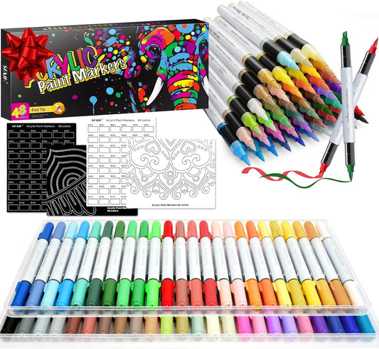 SFAIH Halloween Gifts Acrylic Paint Markers, 36 Colors Dual Tips Acrylic Brush Markers With Chisel Tip, Automatic Ink Control, Ultra-High Coverage, No Bleed Ink, Art Supplies for Rock, Canvas, Fabric
