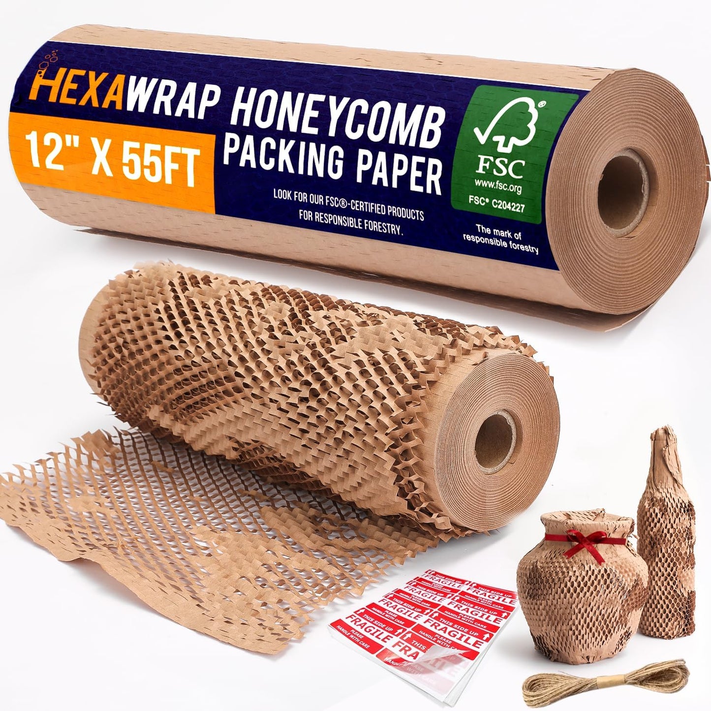 Honeycomb Packing Paper 12" x 55ft with Rope & 20 Fragile Stickers|Shipping & Moving Supplies|Small Business Packaging Supplies|Eco Friendly Bubble Wrap Packing Boxes for Moving Certified FSC C204227