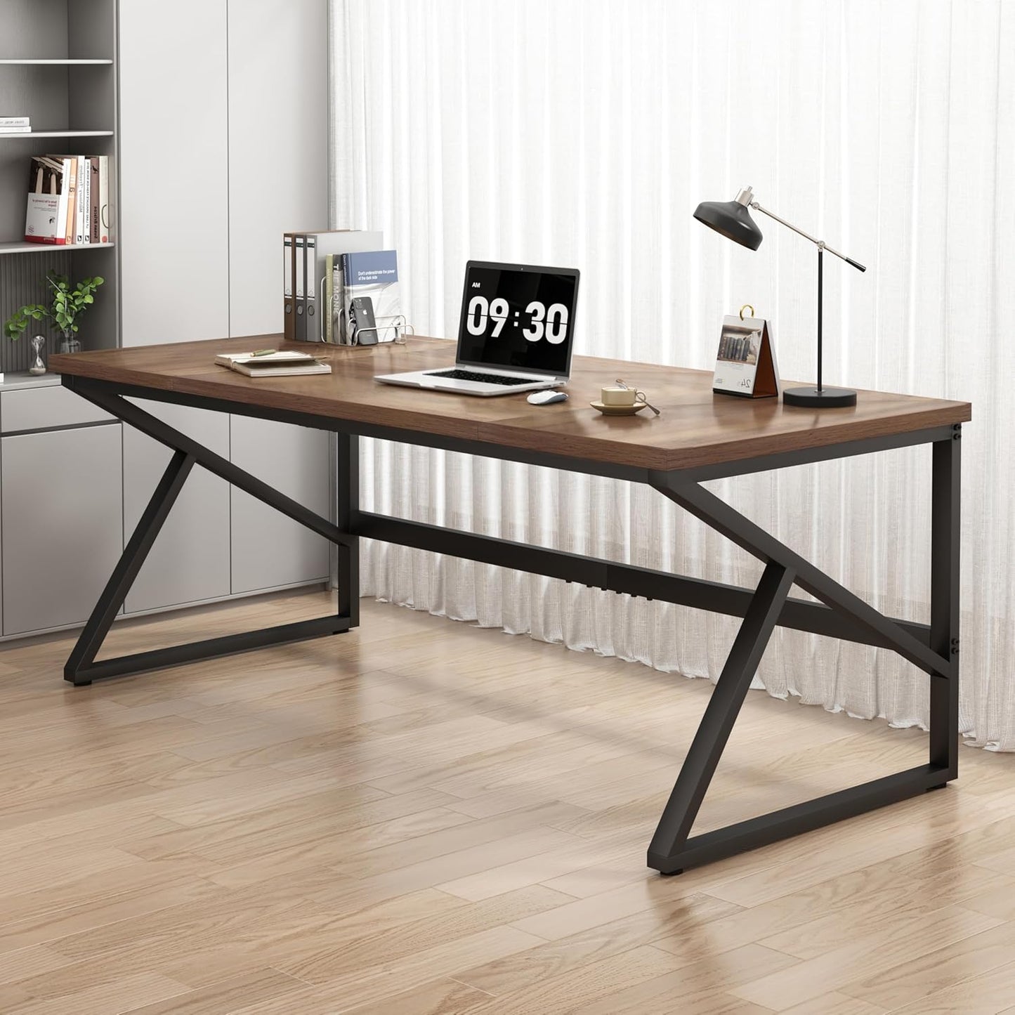 HSH Large Home Office Desk, Modern Wood Metal Computer Desk for Two Person, Extra Long Executive Writing Study Gaming Double Desk Workstation, 70 Inch Rustic Bedroom Living Room Table for 2 Monitors