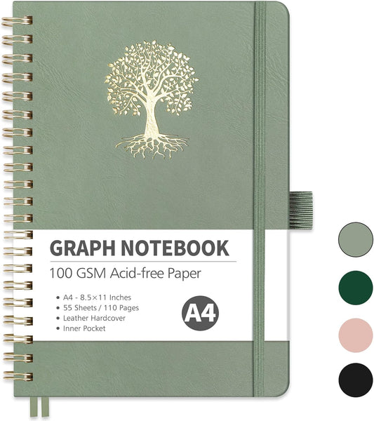 RETTACY Graph Grid Paper Notebook, 110 Pages, A4 Large Size (8.5'' × 11''), 5 Squares per Inch, Leather Hardcover, 100 GSM Thick Paper, for School, Students, Math, Engineering (Light Green)