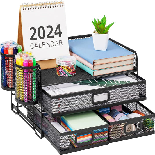 Marbrasse 3 Tier Mesh Desk Organizer with Drawer, Multi-Functional Desk Organizers and Accessories, Paper Letter Organizer with 2 Pen Holder for Home Office Supplies (Black)