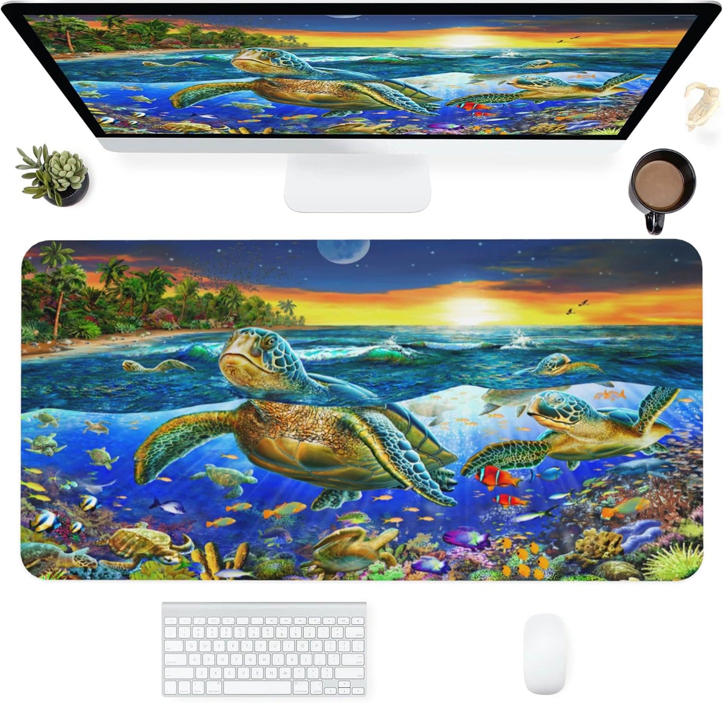 Desk Mat,Sea Turtle Extended Gaming Mouse Pad for Office Work & Game,Computer Keyboard Mouse Mat Desk Non-Slip Rubber Base Large Mousepad with Stitched Edges, 31.5x15.7inch