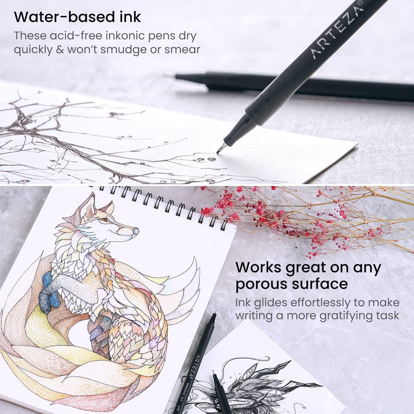 ARTEZA Inkonic Fineliners Pens, Set of 72, 0.4 mm Fine Tip Markers, Water-Based Art Pens for Drawing, Sketching, Journaling, Calligraphy