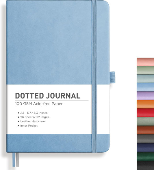 RETTACY Bullet Dotted Journal Notebook, 192 Pages, A5 Medium Size (5.7'' x 8.3''), Leather Hardcover, 100 GSM Thick Paper, for Bullet Journaling, Planning, Tracking (Light Blue)