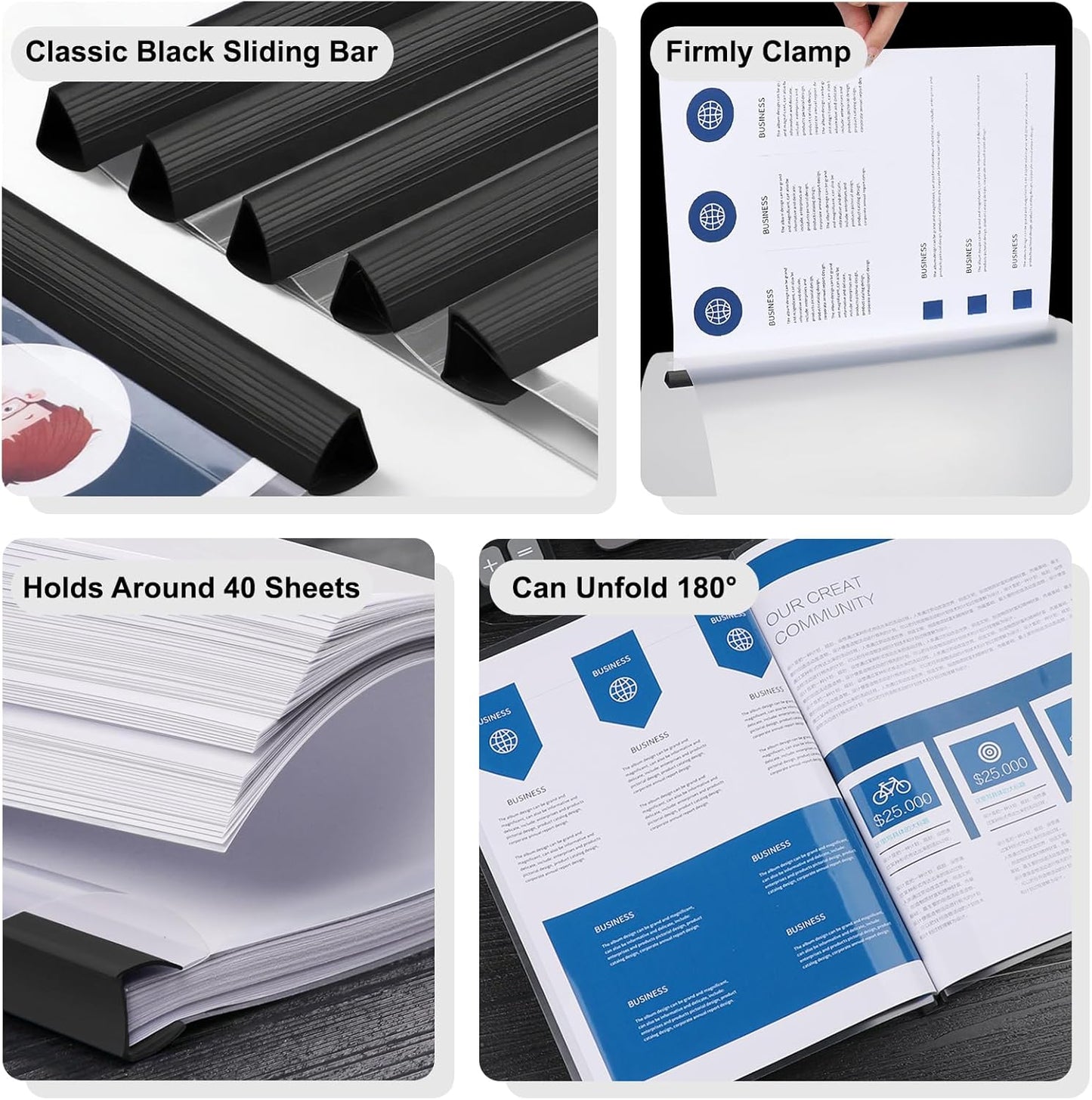 JOERSH 10Pcs Clear Report Covers with Sliding Bar, 40 Sheet Capacity Plastic Binder Paper Protector, Report Folders with Clear Cover for Resume File Documents, Black