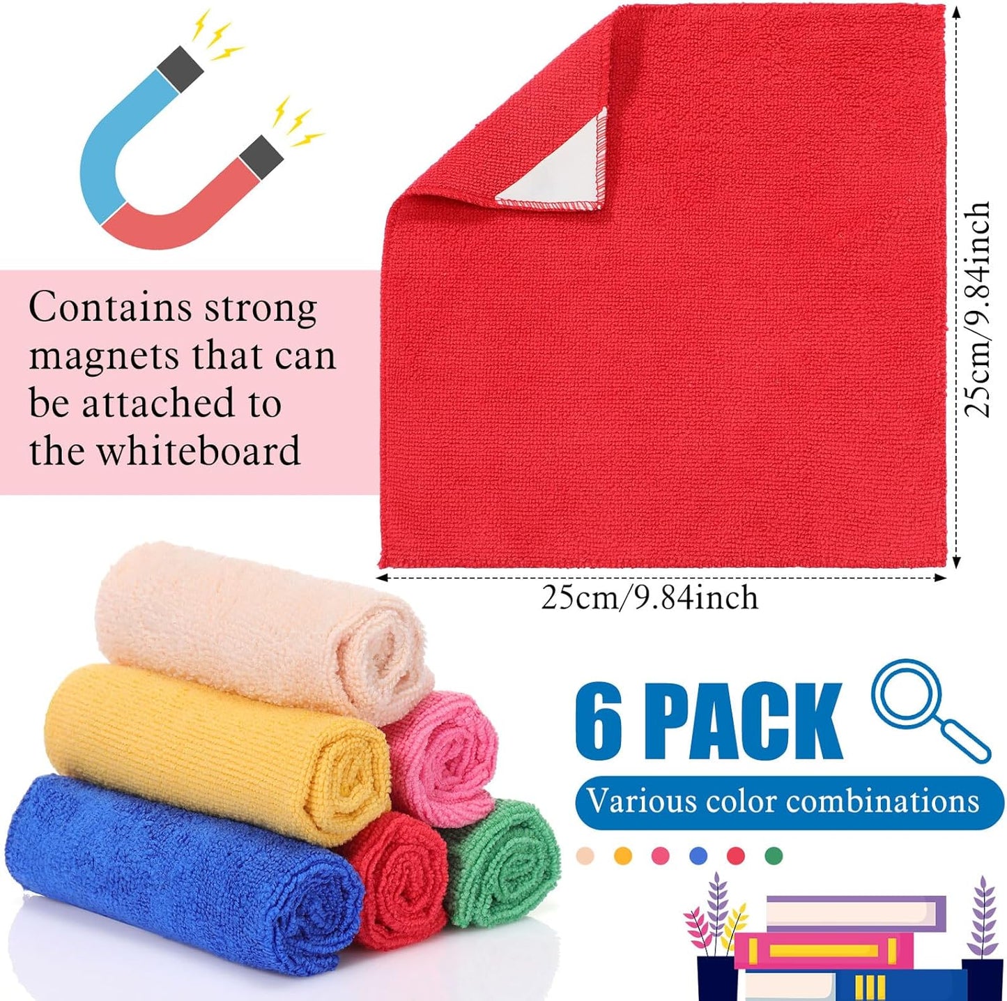 6 Pack Magnetic Whiteboard Cleaning Cloth Extra Strong Magnetism 10'' X 10'' Colorful Microfiber Dry Erase Cloth Reusable Washable Whiteboard Eraser for Classroom, Home and Office Use(Murphys Color)