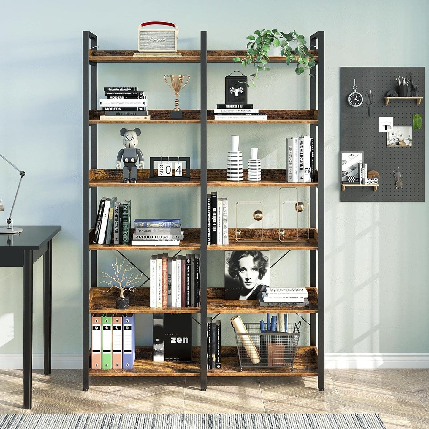 Seventable Bookshelf 6 Tier with 4 Hooks, 67” Industrial Wooden Bookcase, Vintage Storage Rack with Open Shelves, Rustic Standing Bookshelves Metal Frame 43.3” Wide Display Rack, Rustic Brown
