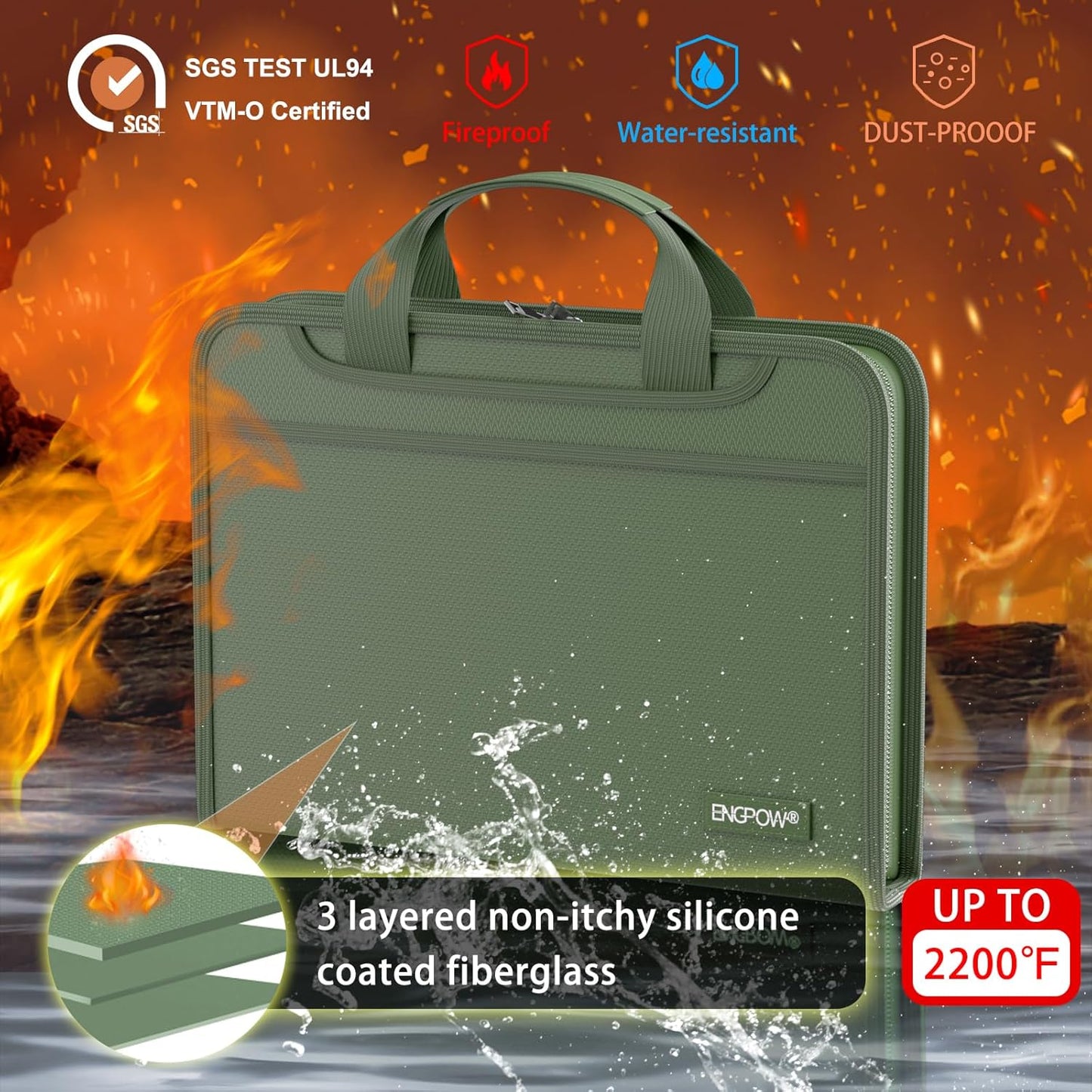 ENGPOW Accordion File Organizer,Fireproof Expanding File Folder with Multi Pockets,13 Pockets Document Organizer with Handle & Labels,Portable Home Travel Safe Storage for Letter A4 Files,Green