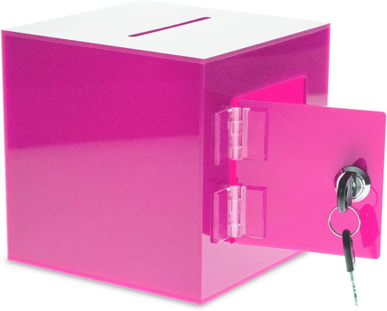 Source One Premium Acrylic Cube Donation Box with Deluxe Rear Open Door and Cam Lock Suggestion Box (8 Inch, Pink)