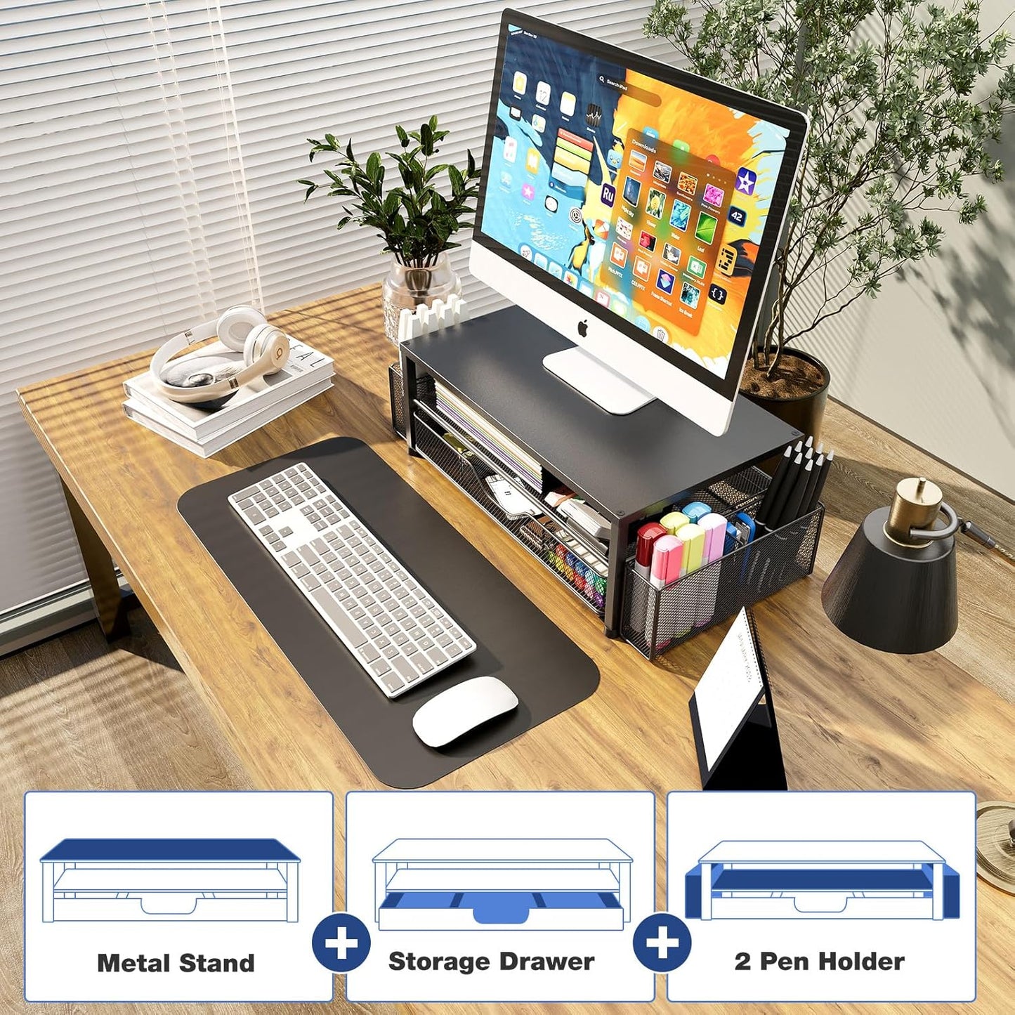Desk Organizer and Accessories, 2-Tier Computer Monitor Stand Riser with Drawer and 2 Pen Holders, Laptop Stand, Office Desk Accessories for Office Supplies, Black 2-Pack