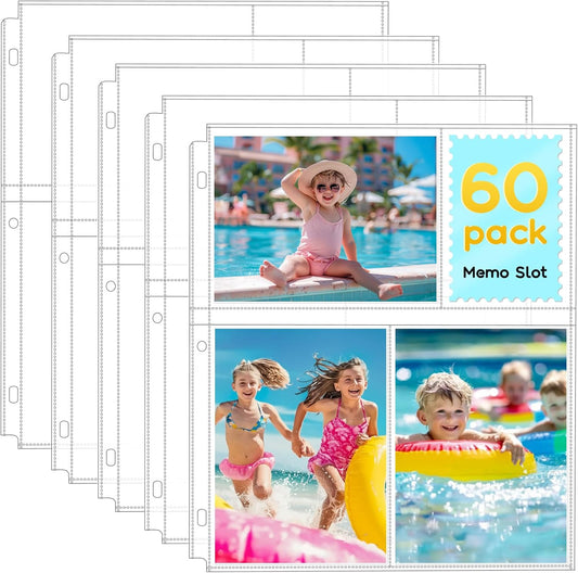60 Pack 4x6 Photo Sleeves for 3 Ring Binder - Clear Archival Photo Protector Sleeves, Acid Free Plastic, 8.5x11