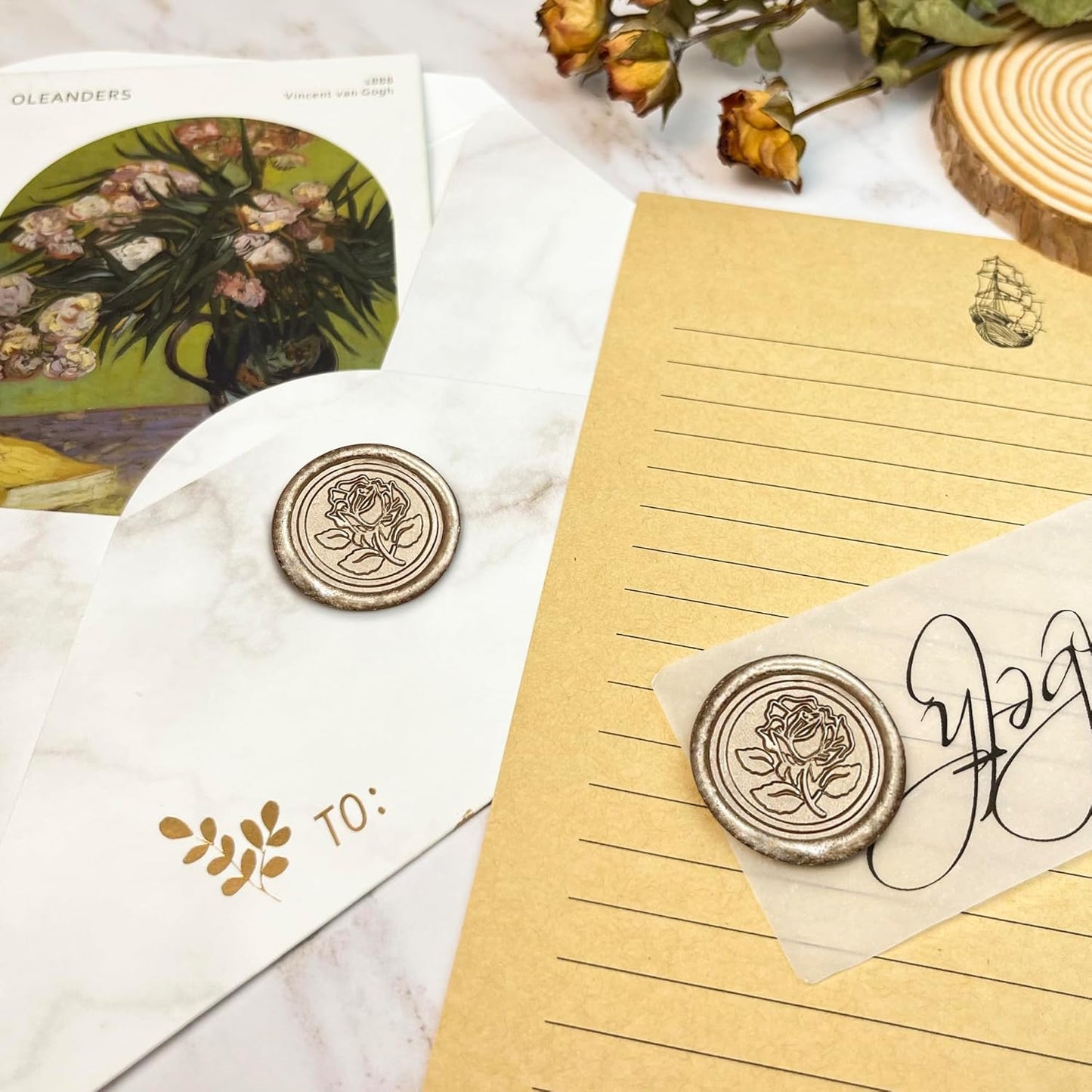 100Pcs Wax Seal Stickers Handmade Envelope Seals Self Adhesive Wax Stickers for Wedding Party Invitations, Envelope, Gift Wrap, Christmas(Rose Style, Champagne Gold)