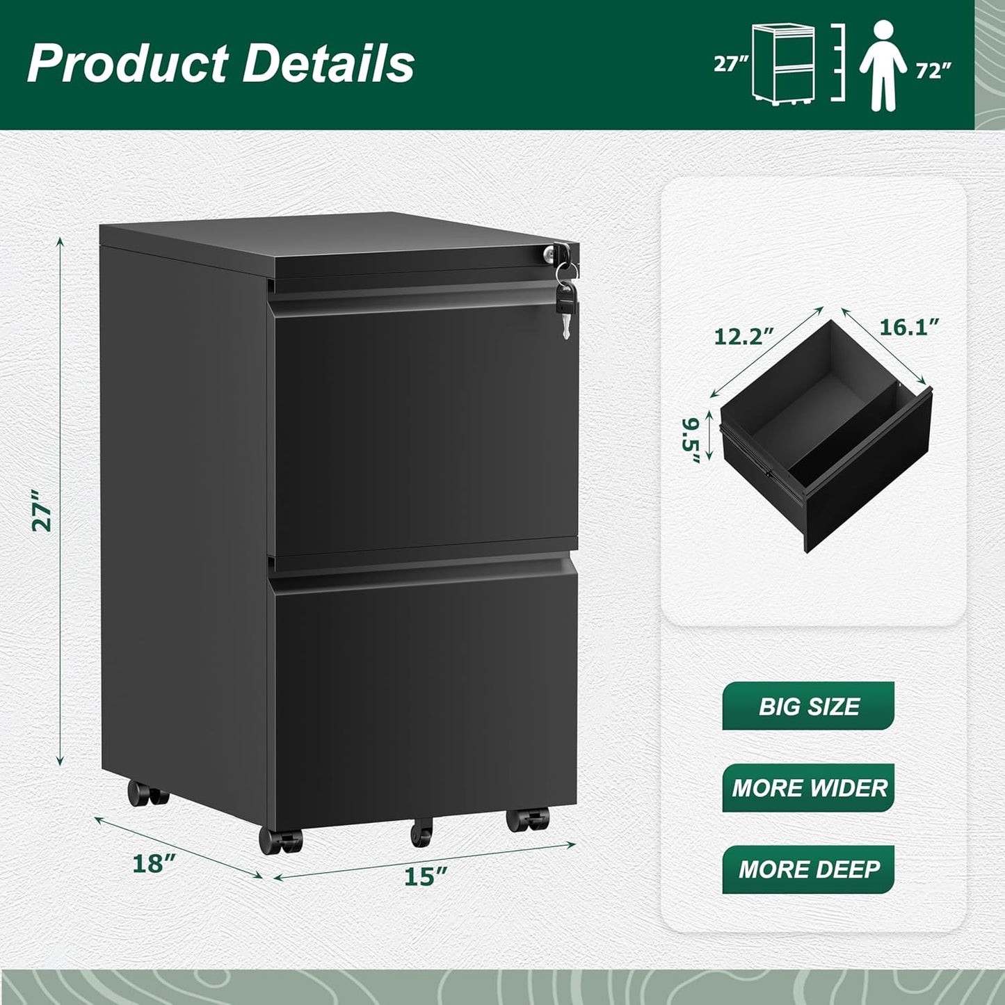 Superday 2 Drawer File Cabinet, Metal Rolling Filing Cabinet with Lock, Small File Cabinets with 2 Drawer, Filing Cabinets for Home Office Fit A4/Letter/Legal, Easy Assemble, Black
