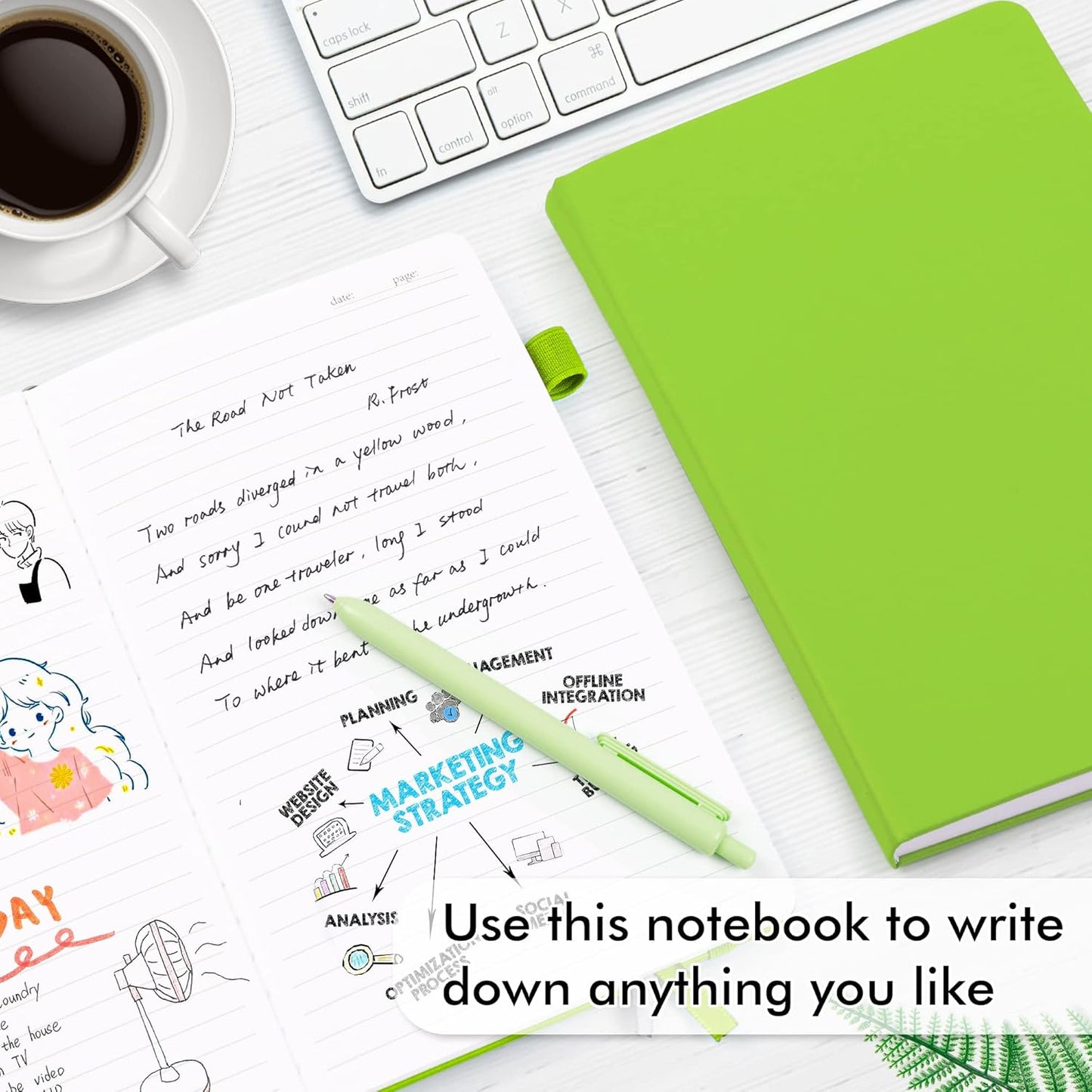 feela 12 Pack Notebooks Journals Bulk, Hardcover Notebook Classic Ruled Lined Journals with Pen Holder for Women Girls School Business Supplies, with 12 Black Pens, 120 GSM, 5.1”x8.3”, A5, Green