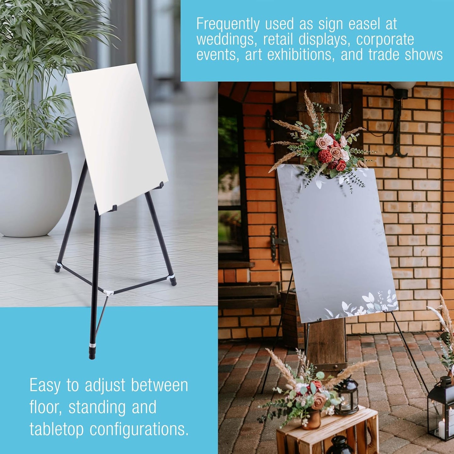 U.S. Art Supply 66" High Black Metal Display Art Easel (10 Pack) - Large Adjustable Height Portable Easel Stand, Sign Display, Holds 25 lbs - Floor & Tabletop Easels, Sign Stand