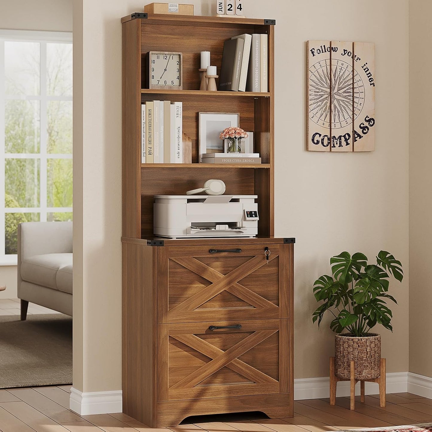 SEDETA 2 Drawer File Cabinet with Lock, Wood Filing Cabinet fits Letter, Legal, A4 Size, Hanging File Folders, Farmhouse File Cabinets for Home Office with Adjustable Storage Shelf (Brown)