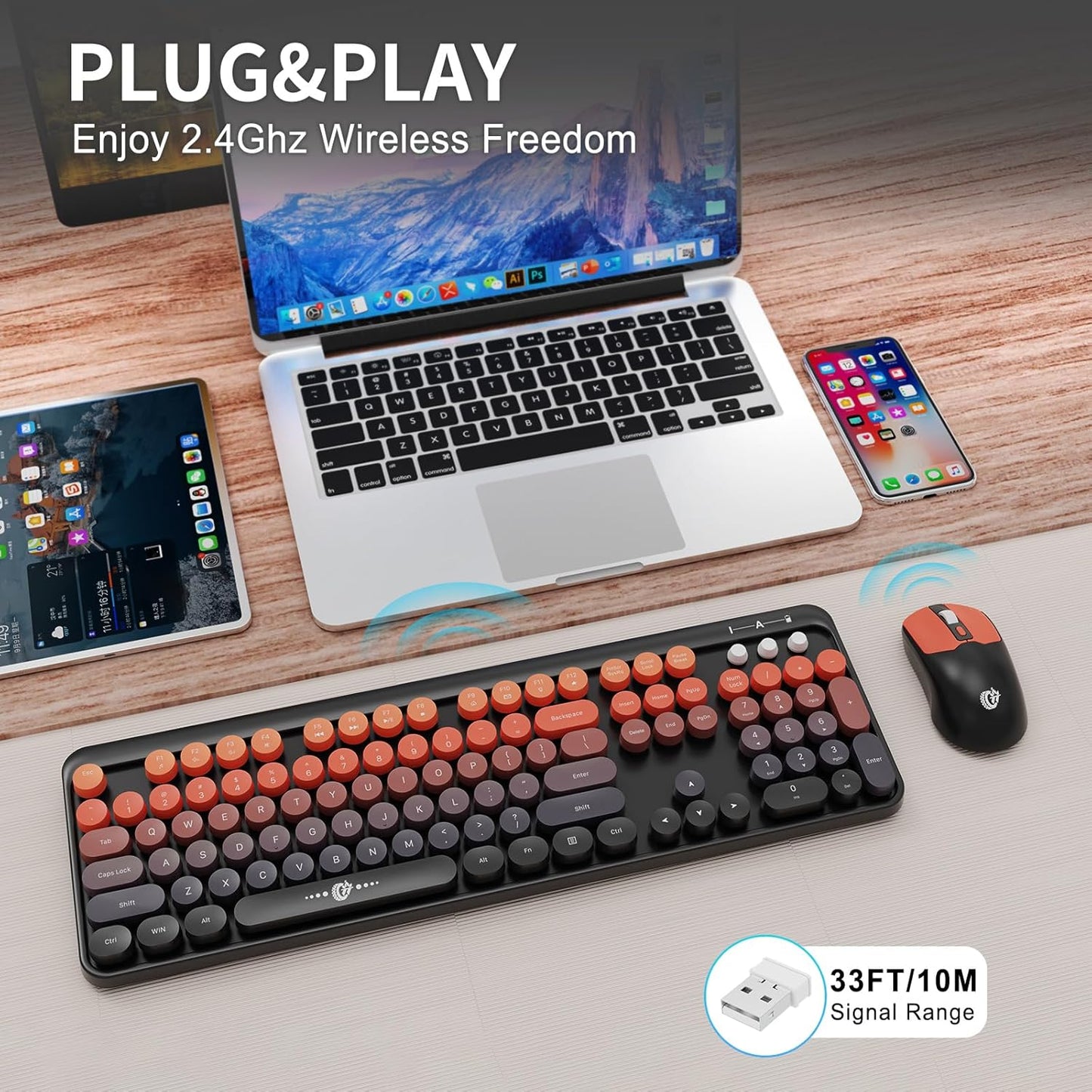 FOPETT Wireless Keyboard and Mouse Combo, 104 Keys Full-Sized 2.4 GHz Round Keycap Colorful Keyboards, USB Receiver Plug and Play, for Windows, Mac, PC, Laptop, Desktop (BlackOrange)