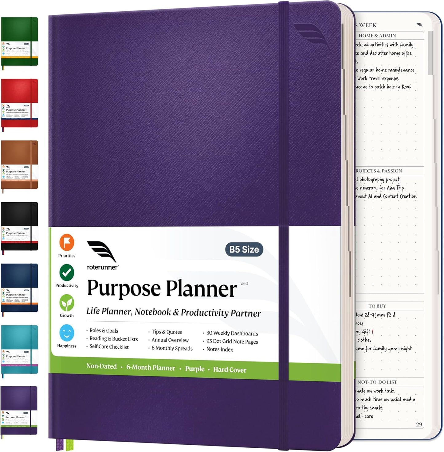 Roterunner 2025 Purpose Planner Notebook B5 7.5'x9.8' Undated Daily Weekly Monthly Productivity Goal Setting Tool for Work Home ADHD Planner Adult Self Care Journal (Purple Hardcover)